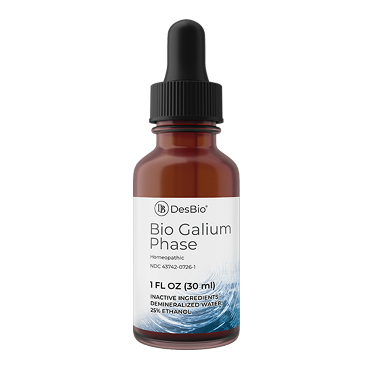 An amber glass dropper bottle with a black rubber bulb and a white DesBio label reading Bio Galium Phase, 1 fl oz.