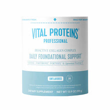 White and teal cylindrical container of Vital Proteins BioActive Collagen Complex powder, 13.9 oz, labeled unflavored with 30