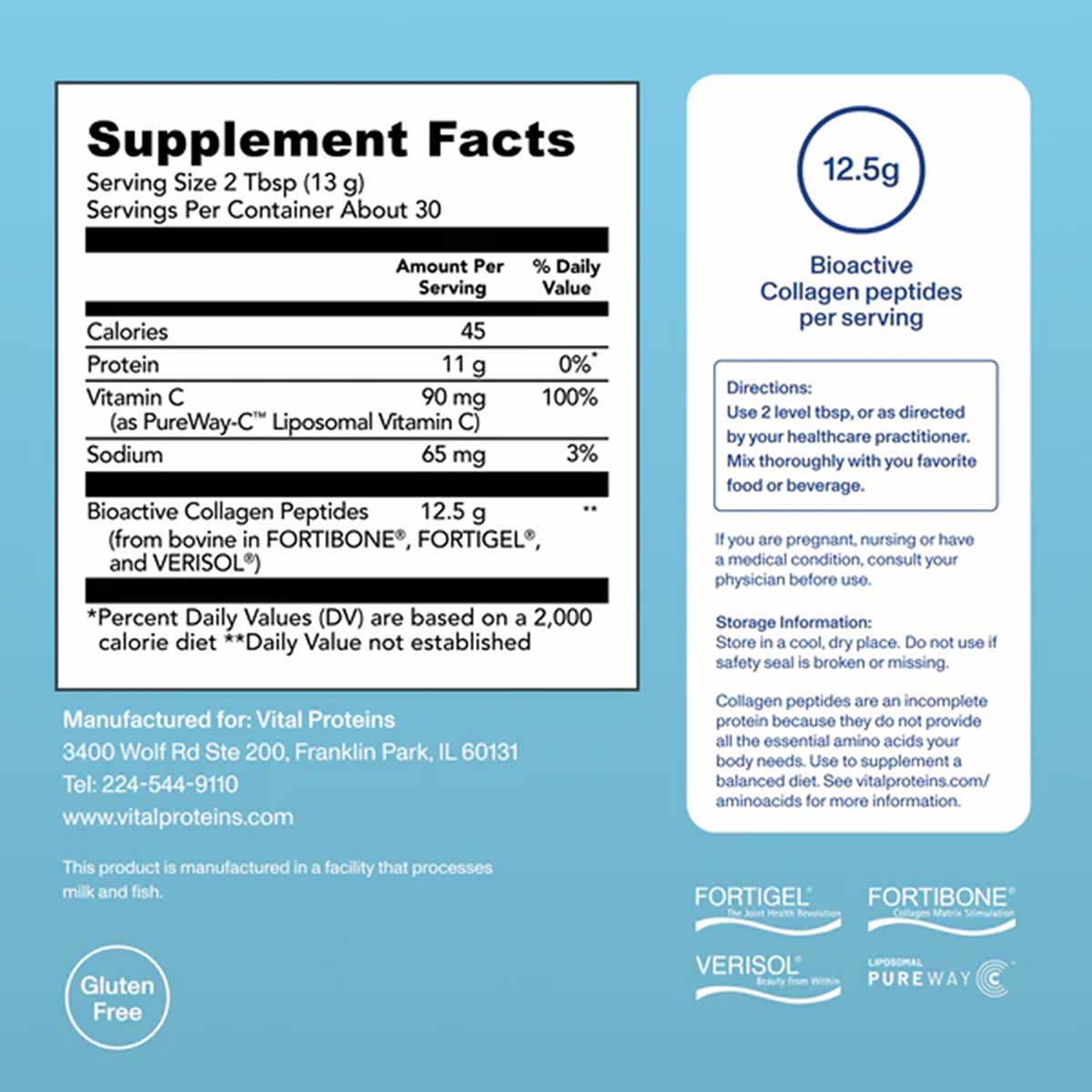 Supplement Facts panel and usage instructions for BioActive Collagen Complex with 12.5g collagen peptides per serving on blue