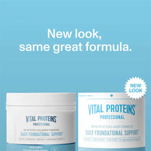 White container and pouch of Vital Proteins BioActive Collagen Complex powder on light blue background.