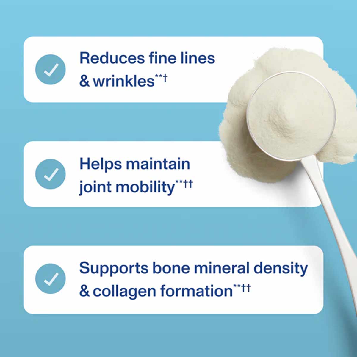 White collagen powder in measuring scoop with benefit claims on blue background.