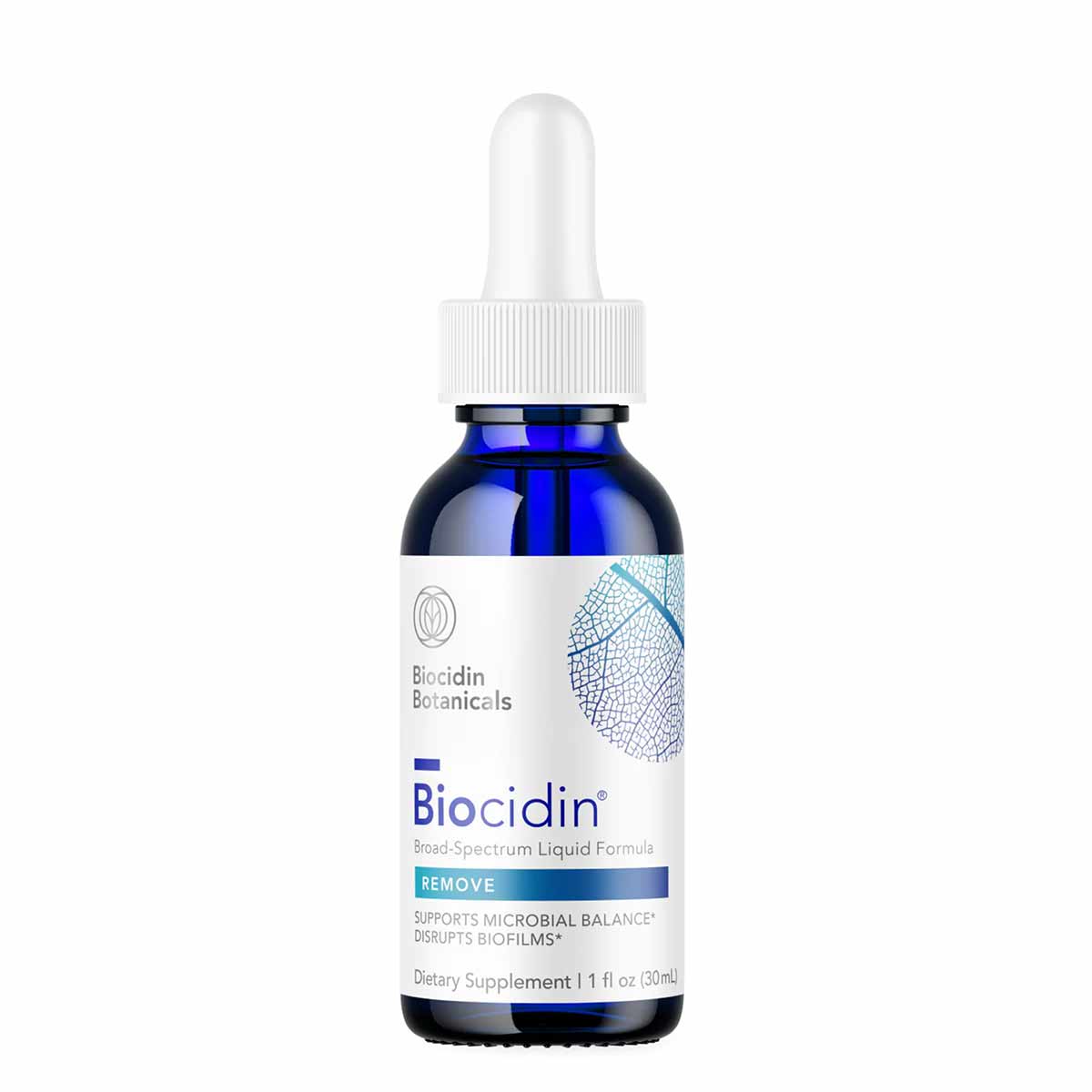Dark blue glass bottle with white dropper cap and label reading "Biocidin Broad-Spectrum Liquid Formula" by Biocidin Botanica