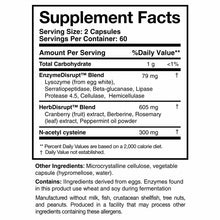 Supplement Facts label for BioDisrupt capsules listing EnzymeDisrupt Blend, HerbDisrupt Blend, and N-acetyl cysteine ingredie