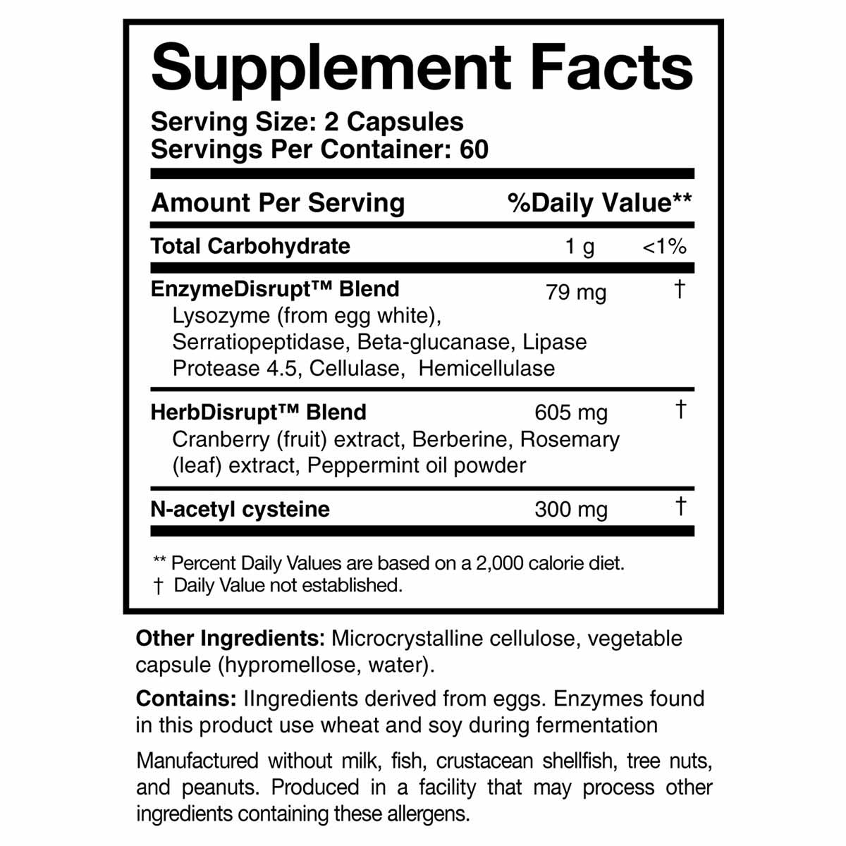 Supplement Facts label for BioDisrupt capsules listing EnzymeDisrupt Blend, HerbDisrupt Blend, and N-acetyl cysteine ingredie