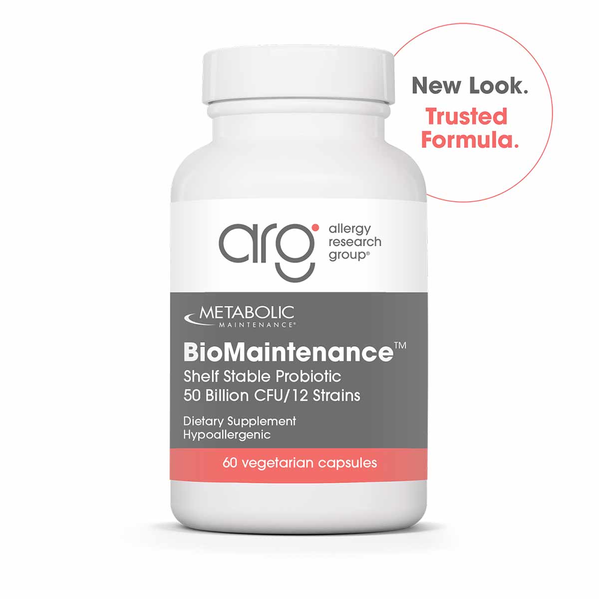 White bottle of Allergy Research Group BioMaintenance probiotic supplement with gray and coral label, 60 vegetarian capsules.
