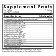 Supplement Facts label for BioMaintenance probiotic showing 50 billion CFU per capsule, 60 servings, with proprietary blend o