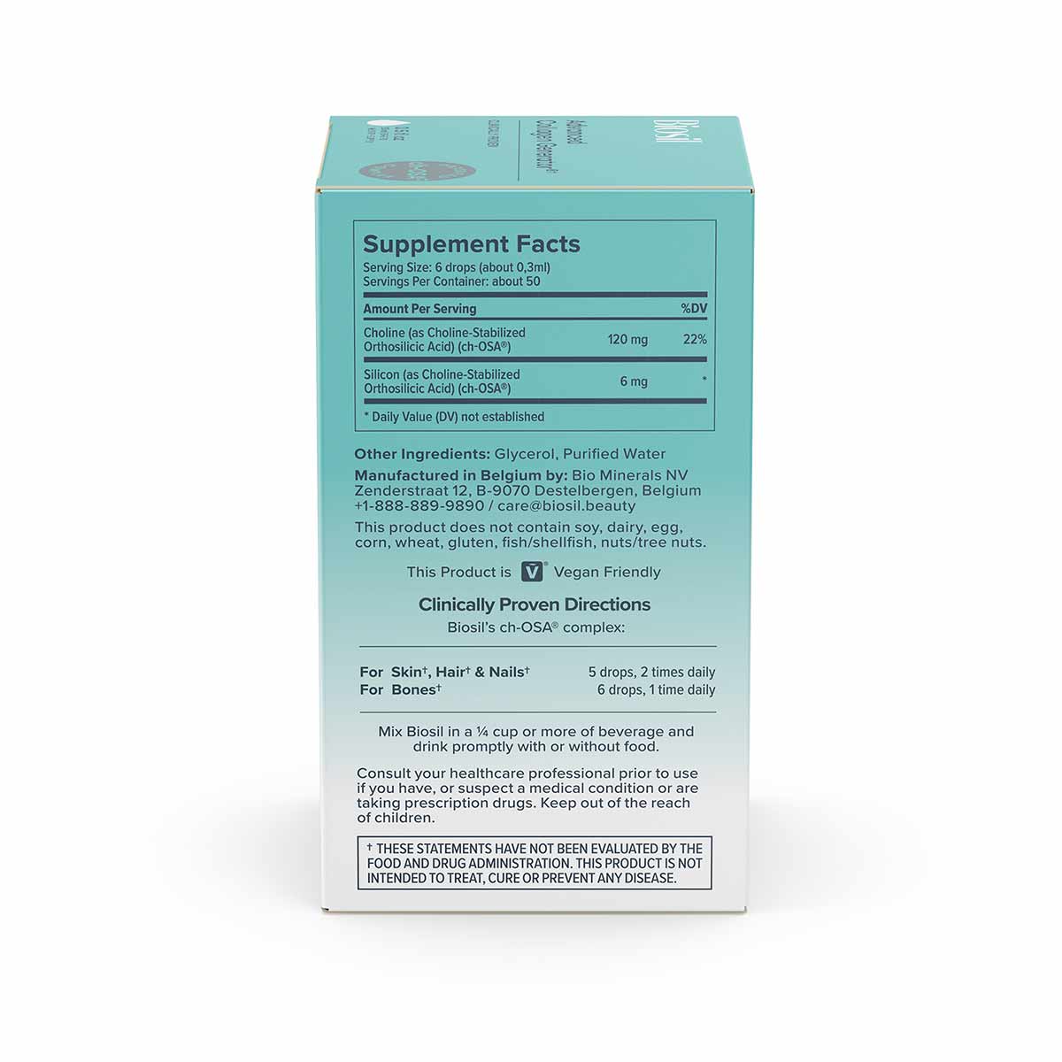 Turquoise BioSil supplement box displaying Supplement Facts label with ingredients and usage directions on back panel.