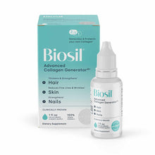 BioSil Advanced Collagen Generator liquid supplement bottle with turquoise box, 1 fl oz dropper bottle.