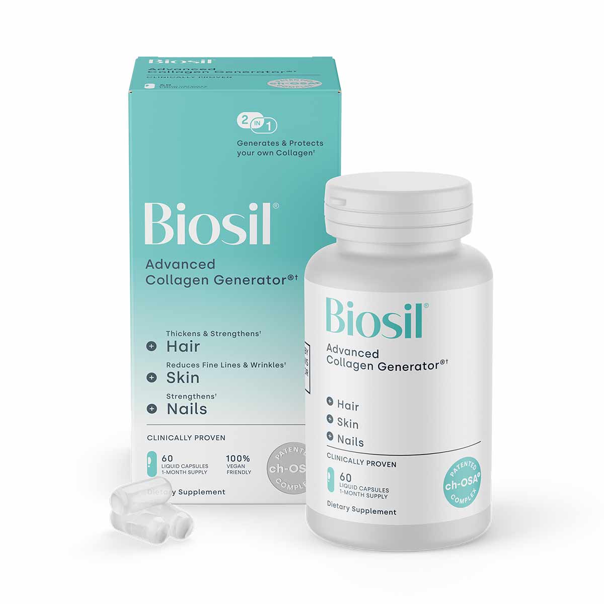 BioSil Advanced Collagen Generator bottle with turquoise box and two clear liquid capsules displayed in front.
