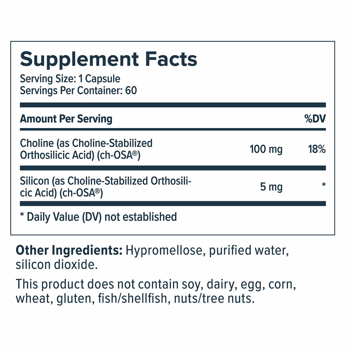 BioSil Collagen Generator supplement facts label showing serving size of 1 capsule with choline and silicon ingredients.