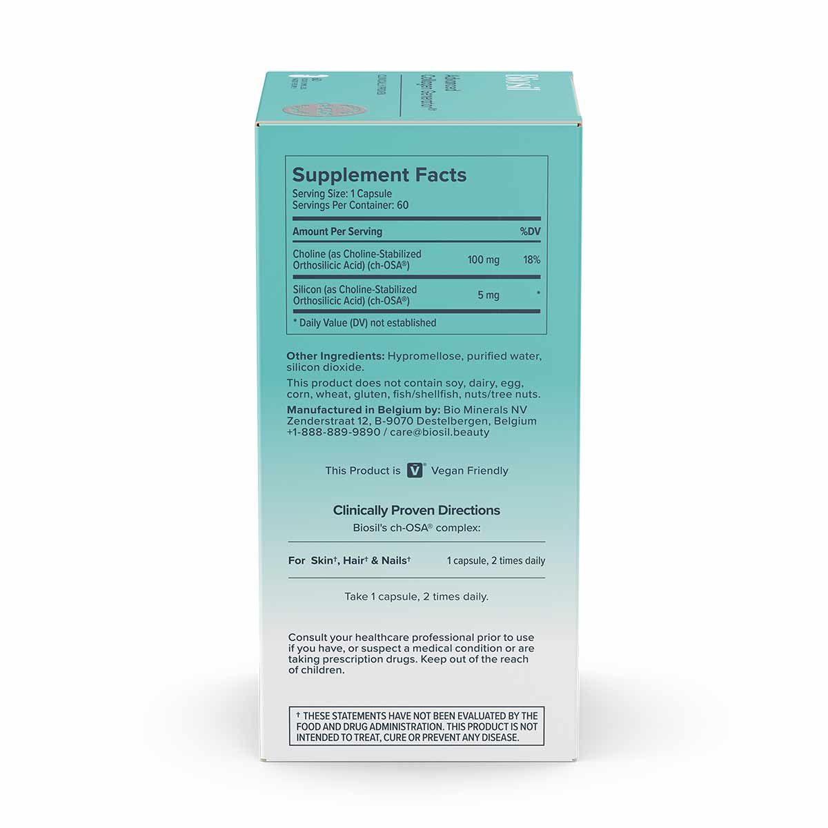 BioSil Collagen Generator turquoise supplement box displaying Supplement Facts, ingredients, and directions on packaging.