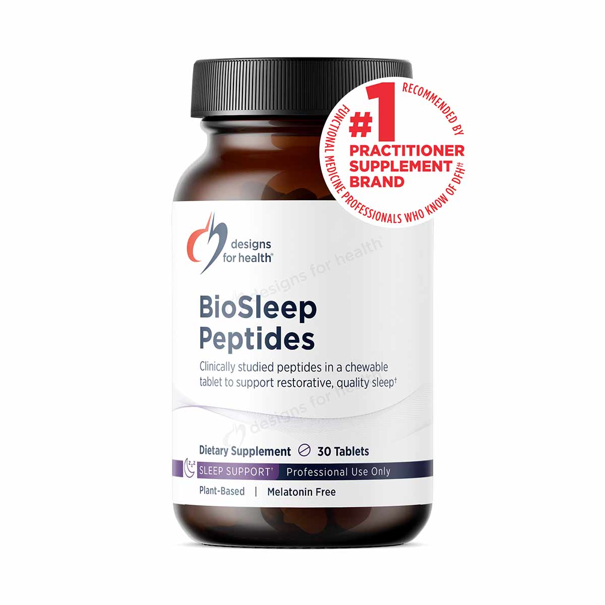 BioSleep Peptides brown glass bottle with black cap, white label, and red "#1 Practitioner Supplement Brand" badge.