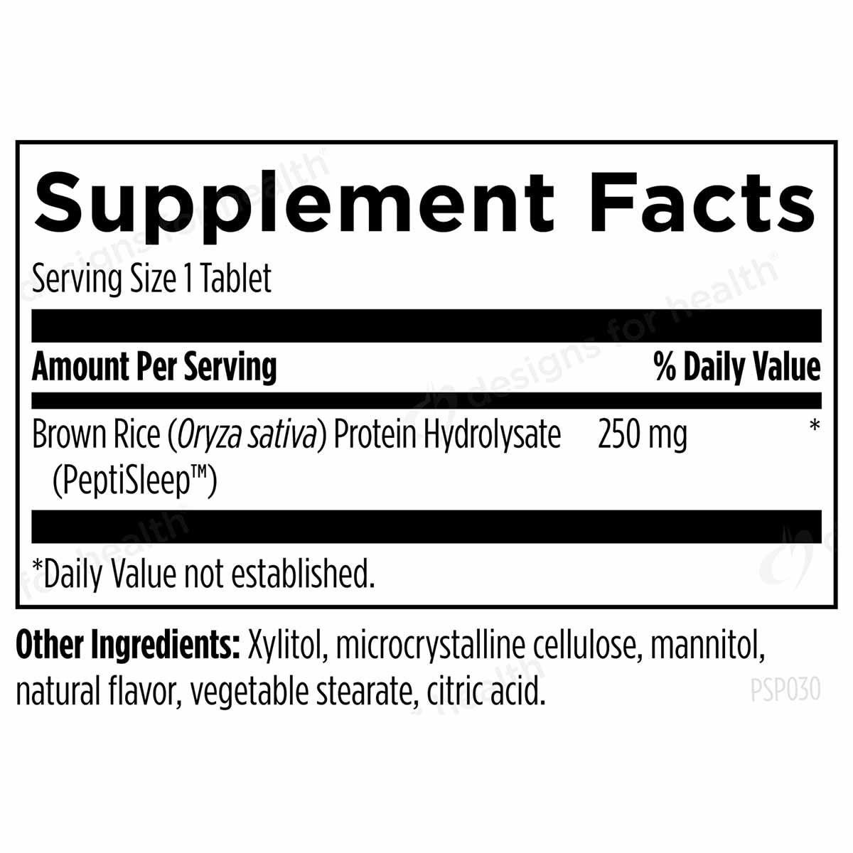 Supplement Facts label showing serving size of 1 tablet containing 250 mg brown rice protein hydrolysate and other ingredient