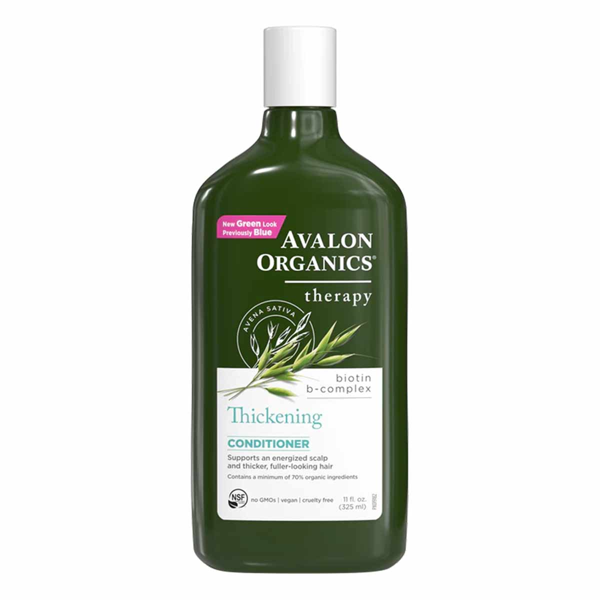 Green plastic bottle with white cap containing Avalon Organics Biotin B-Complex Thickening Conditioner, 11 fluid ounces.