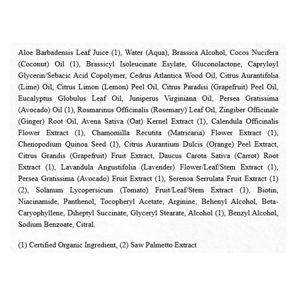 Ingredient list for Avalon Organics Biotin B-Complex Thickening Conditioner printed on white background.