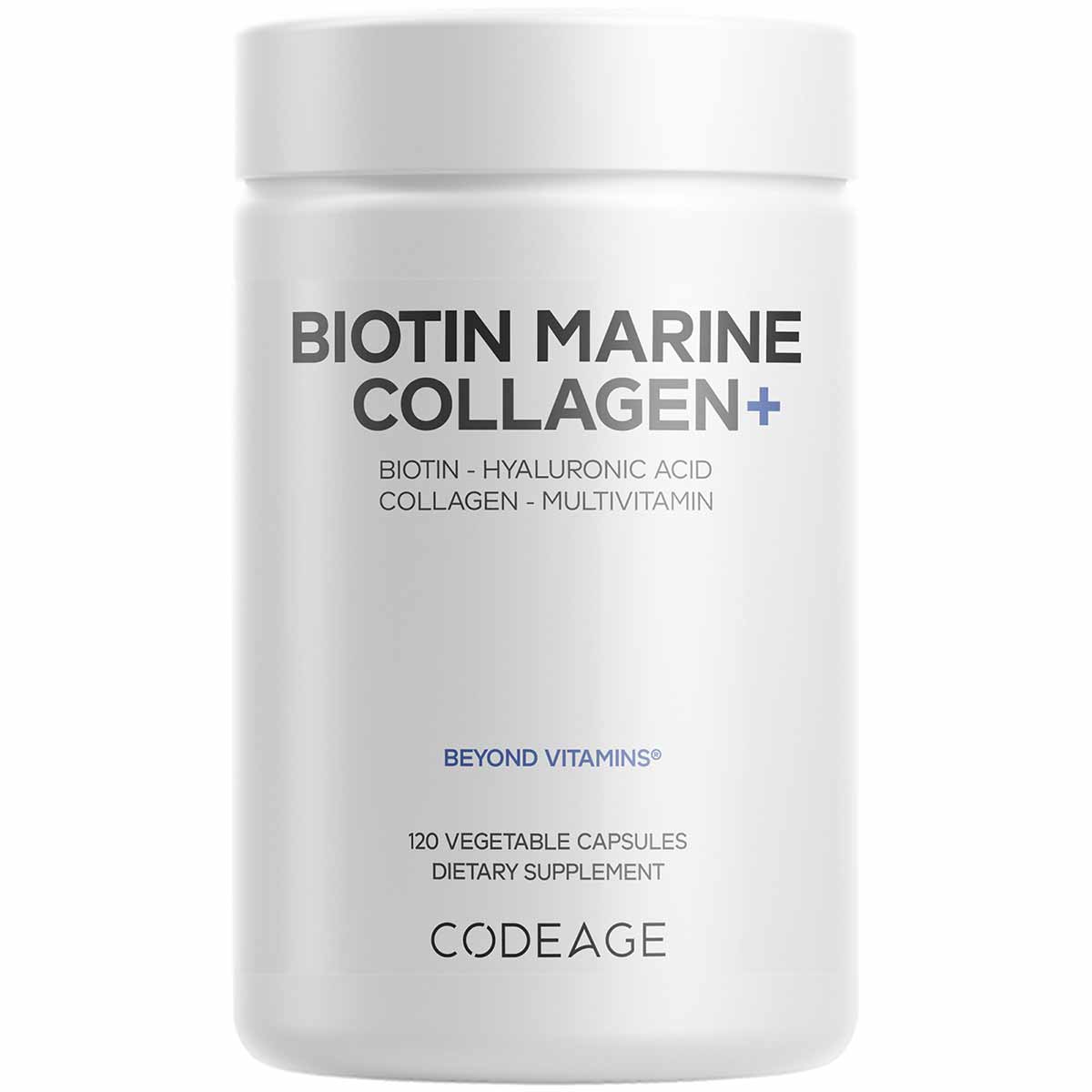White bottle of Codeage Biotin Marine Collagen+ dietary supplement containing 120 vegetable capsules.