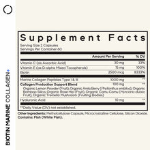 Supplement Facts label for Biotin Marine Collagen showing serving size, nutritional content, and ingredients including marine