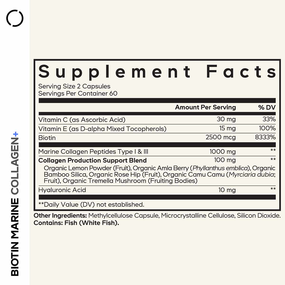Supplement Facts label for Biotin Marine Collagen showing serving size, nutritional content, and ingredients including marine