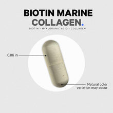 Beige capsule supplement measuring 0.86 inches with text indicating biotin, hyaluronic acid, and collagen ingredients.