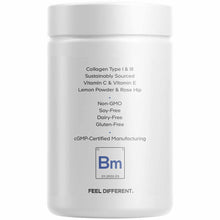 White cylindrical jar with printed text describing Codeage Biotin Marine Collagen supplement ingredients and certifications.