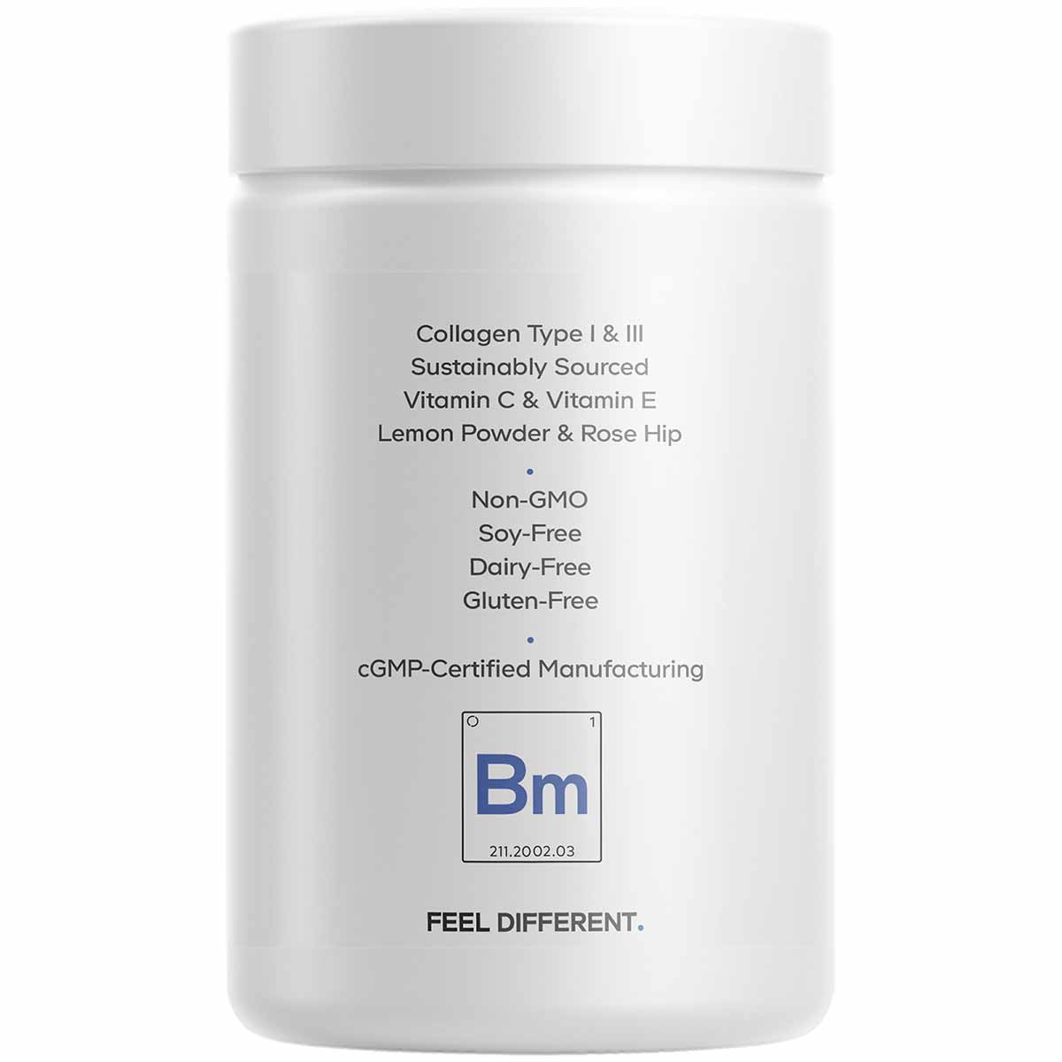 White cylindrical jar with printed text describing Codeage Biotin Marine Collagen supplement ingredients and certifications.
