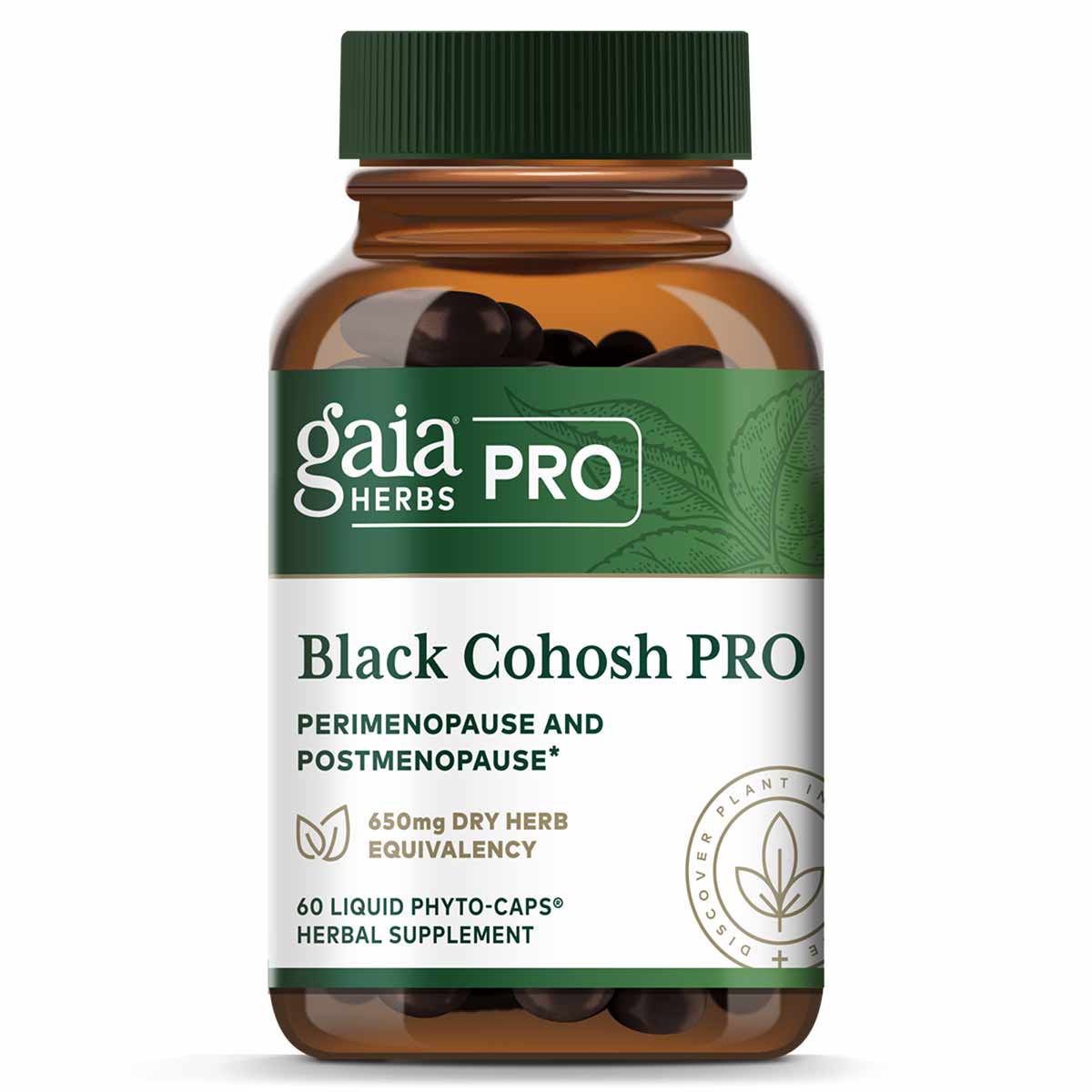 Gaia Herbs Pro Black Cohosh bottle with green cap containing 60 dark liquid phyto-capsules.