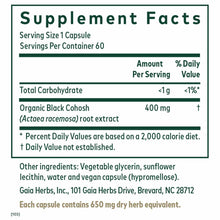Supplement facts label for Black Cohosh liquid phyto caps showing 60 servings of 400 mg organic root extract per capsule.