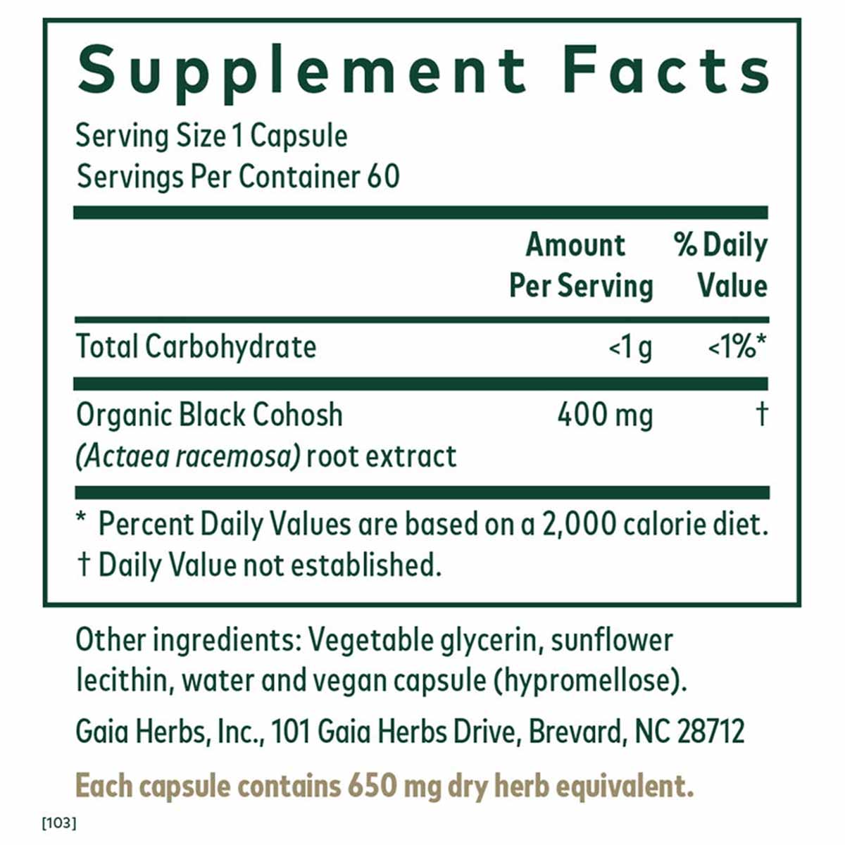 Supplement facts label for Black Cohosh liquid phyto caps showing 60 servings of 400 mg organic root extract per capsule.
