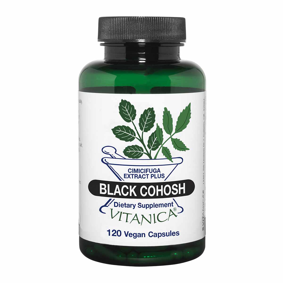A green bottle with a black cap and white label showing leaves and a mortar, reading Black Cohosh, Vitanica, 120 vegan capsules.