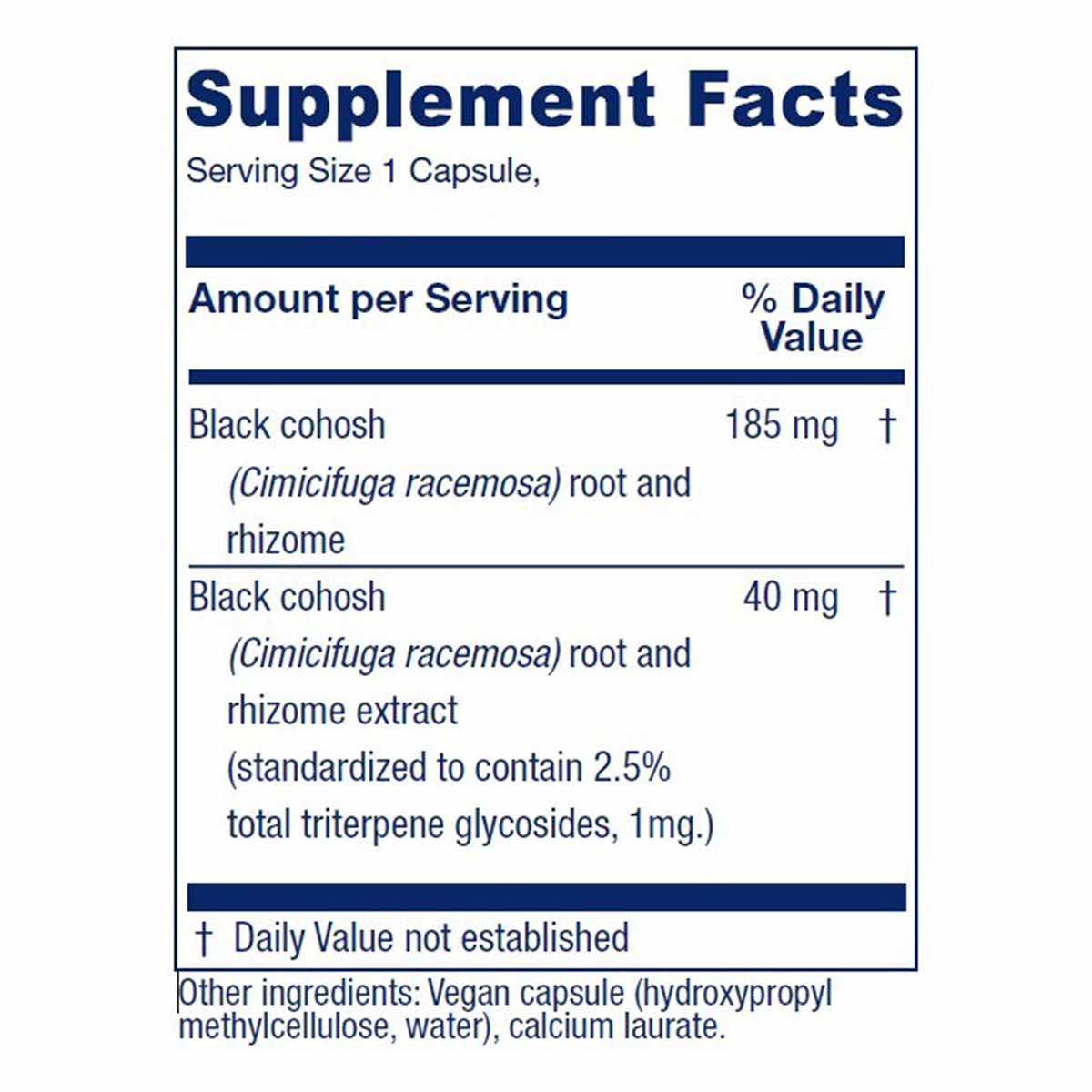 A Supplement Facts panel lists black cohosh root and rhizome amounts of 185 mg and 40 mg per one-capsule serving.