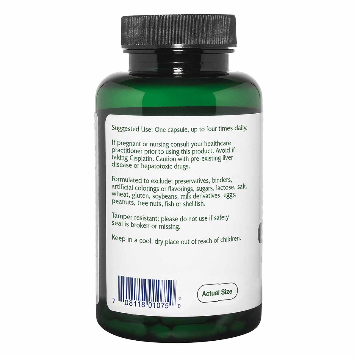 A green supplement bottle with a black cap shows the back label with usage directions, warnings, an ingredient exclusion list, and a barcode.