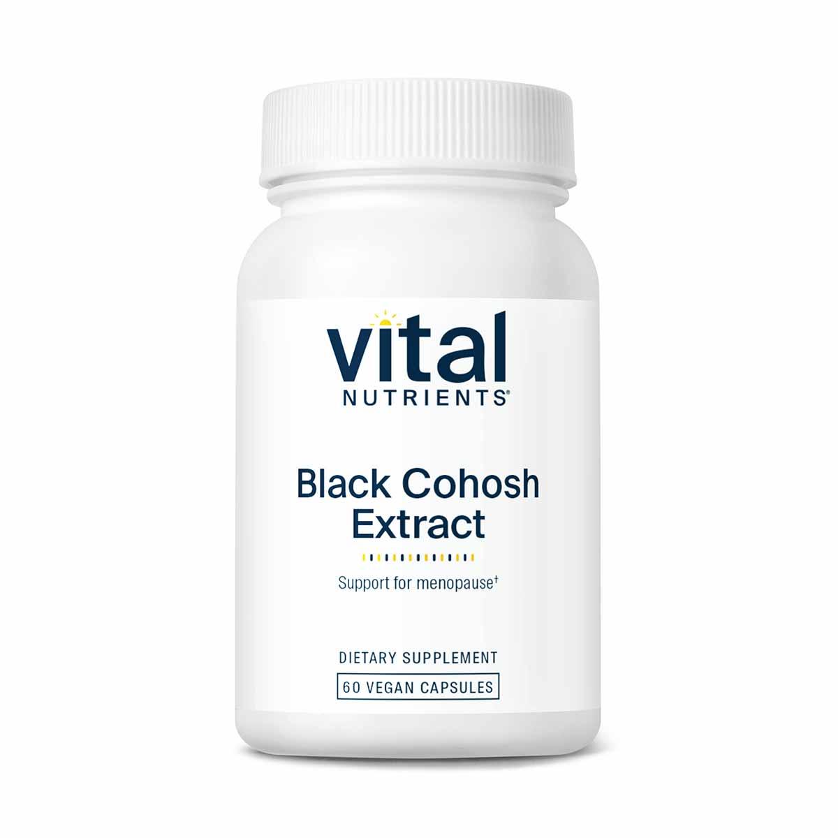 White bottle of Vital Nutrients Black Cohosh Extract dietary supplement with white cap containing 60 vegan capsules.