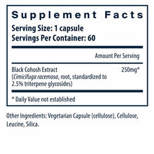 Supplement Facts label showing Black Cohosh Extract 250mg per capsule, 60 servings per container, with ingredient list.