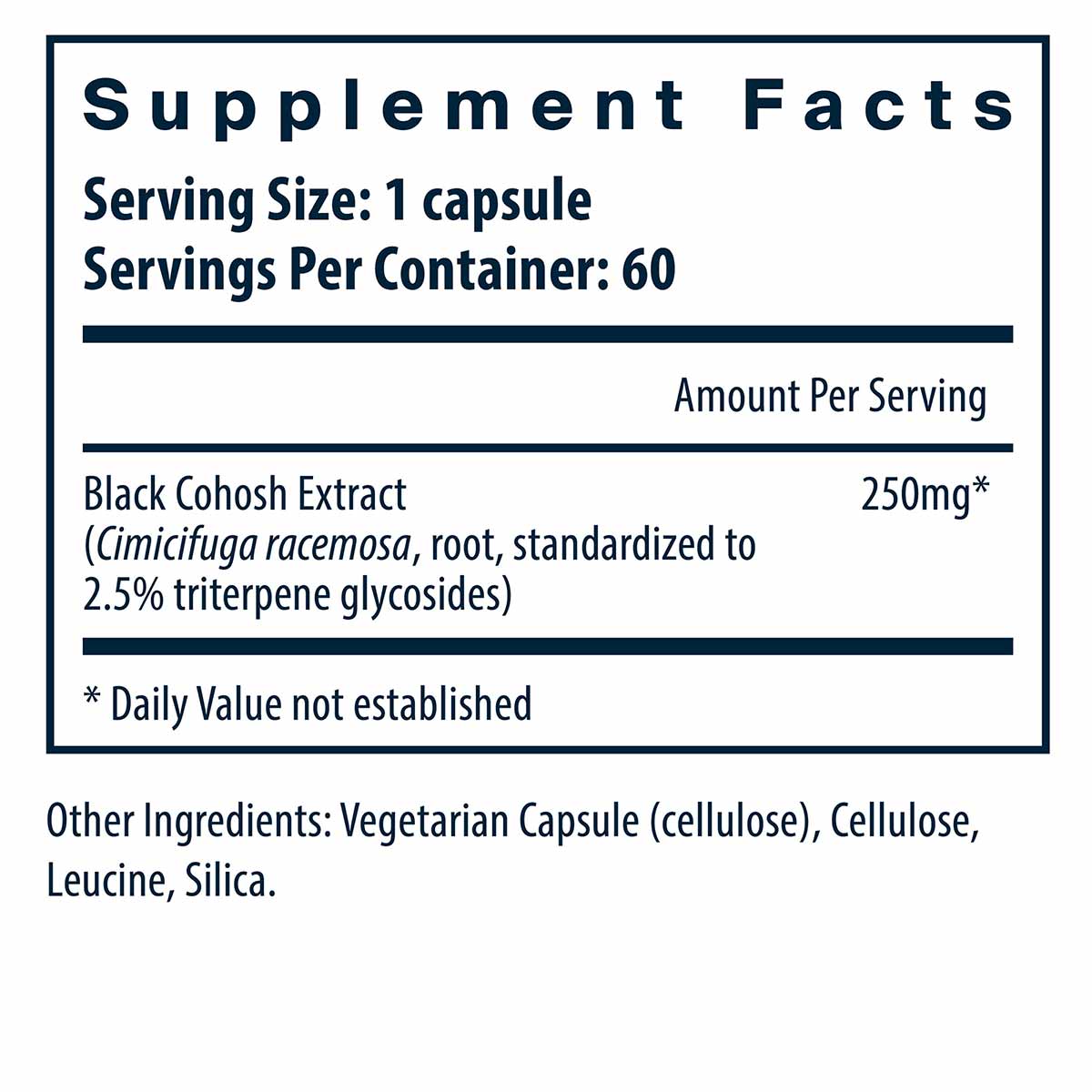 Supplement Facts label showing Black Cohosh Extract 250mg per capsule, 60 servings per container, with ingredient list.