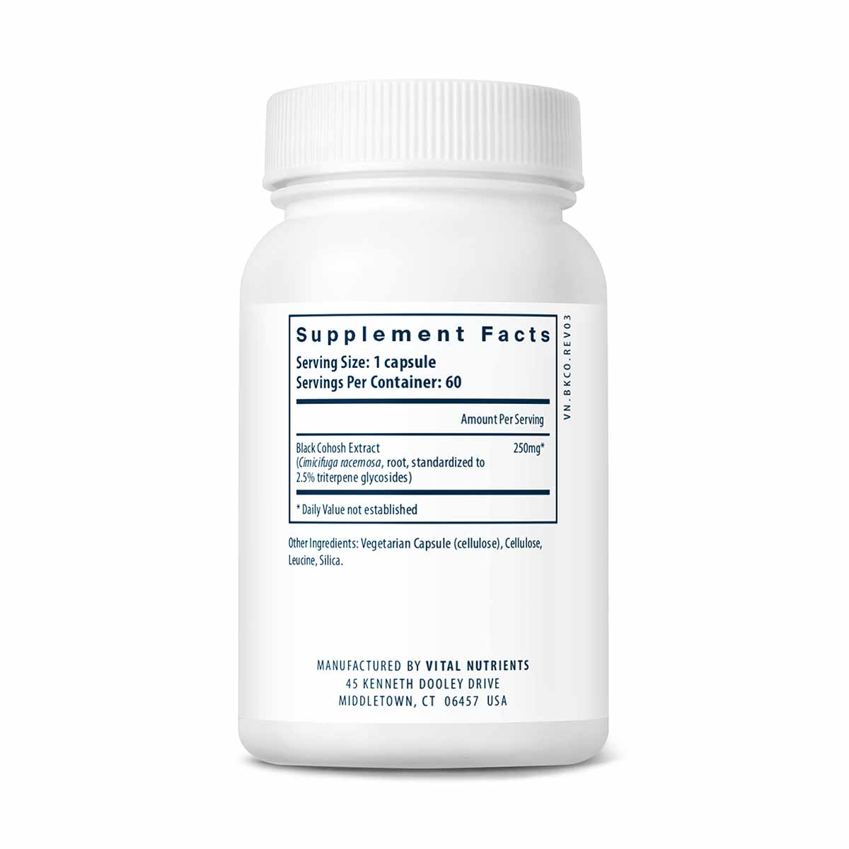 White bottle of Black Cohosh Extract 250 mg vegetarian capsules with supplement facts label and manufacturer information visi