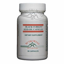 White bottle with white cap labeled "Black Currant Seed Oil Capsules, Dietary Supplement, 90 Capsules" by Nutri-West.