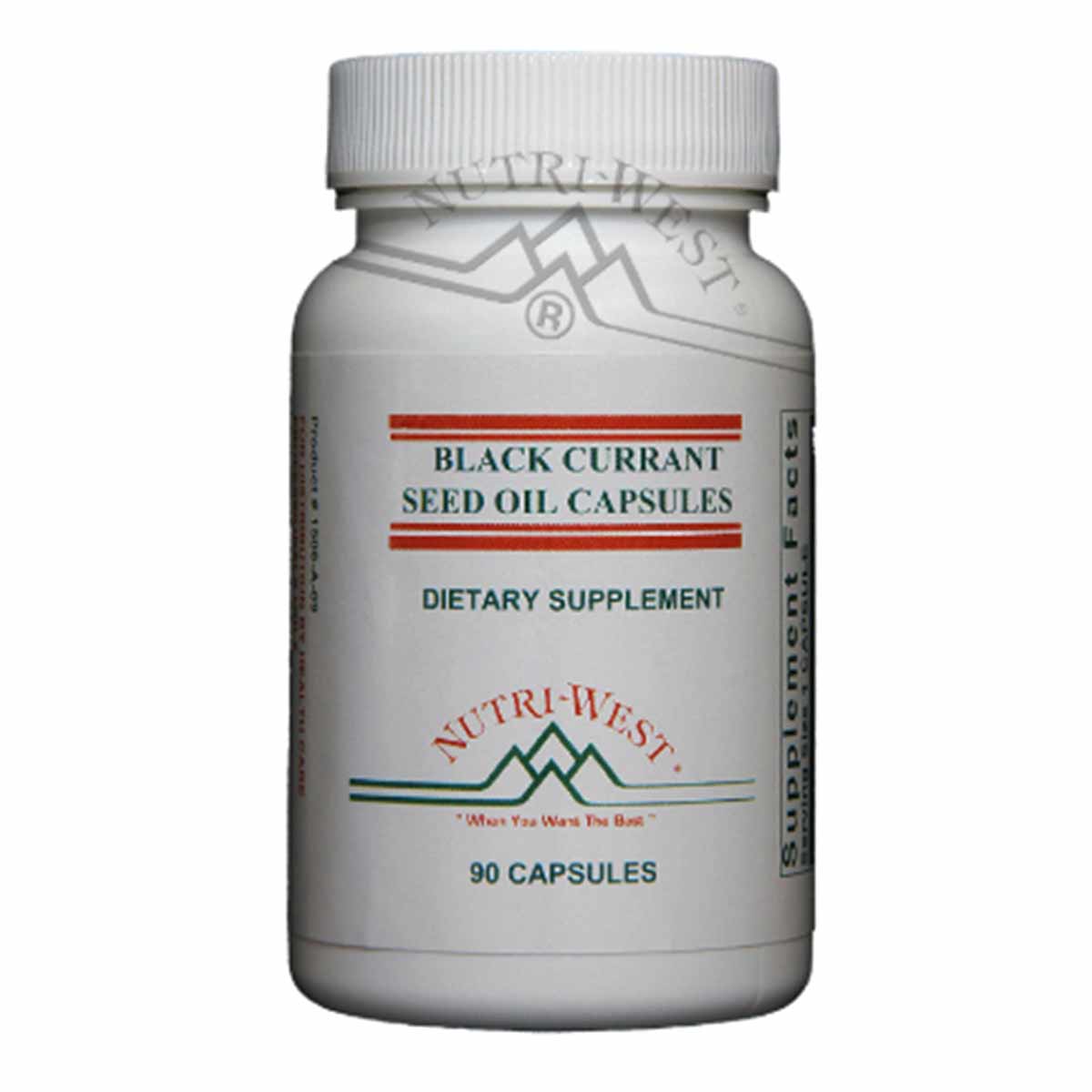 White bottle with white cap labeled "Black Currant Seed Oil Capsules, Dietary Supplement, 90 Capsules" by Nutri-West.