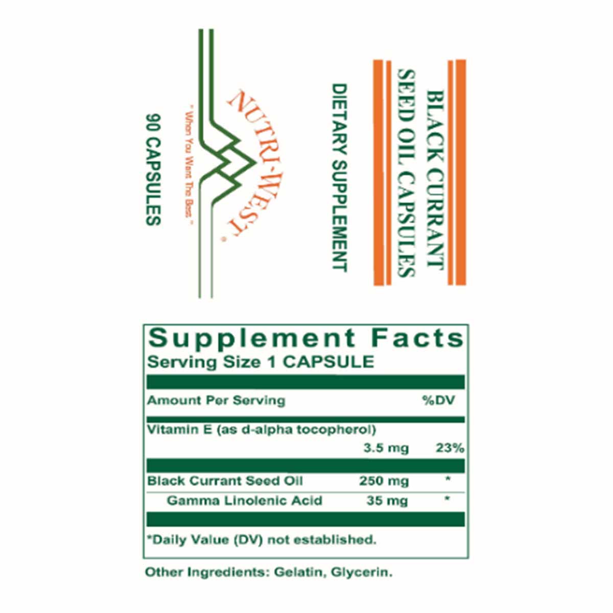 Bottle label for Nutri-West Black Currant Seed Oil showing supplement facts with 250mg black currant seed oil and vitamin E p