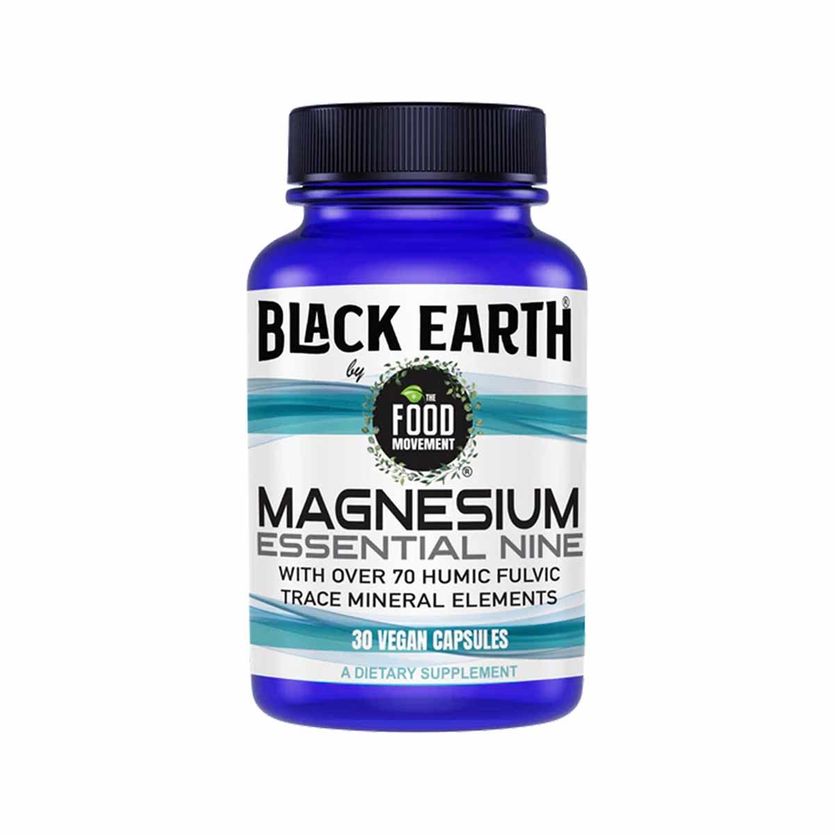 Blue bottle of Black Earth Magnesium Essential Nine supplement with black screw cap, containing 30 vegan capsules.