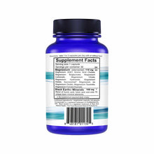Blue bottle of Black Earth Magnesium Essential Nine supplement capsules with black screw cap and white label showing directio