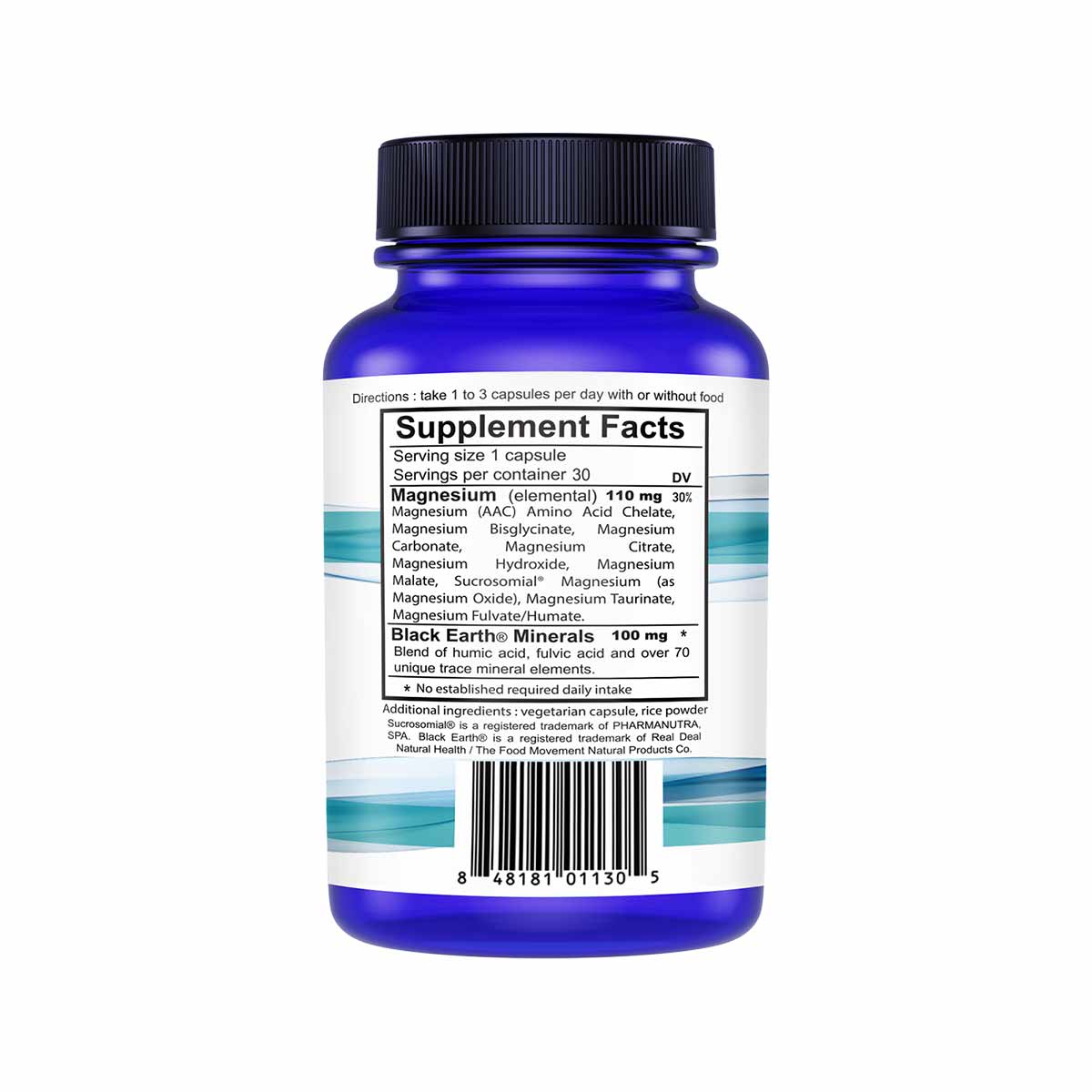 Blue bottle of Black Earth Magnesium Essential Nine supplement capsules with black screw cap and white label showing directio