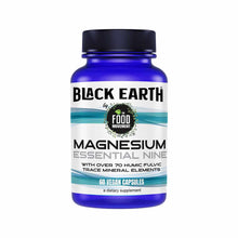 Blue glass bottle of Black Earth Magnesium Essential Nine supplement with black cap and white label featuring turquoise accen