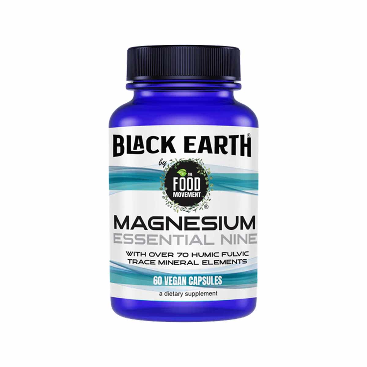 Blue glass bottle of Black Earth Magnesium Essential Nine supplement with black cap and white label featuring turquoise accen