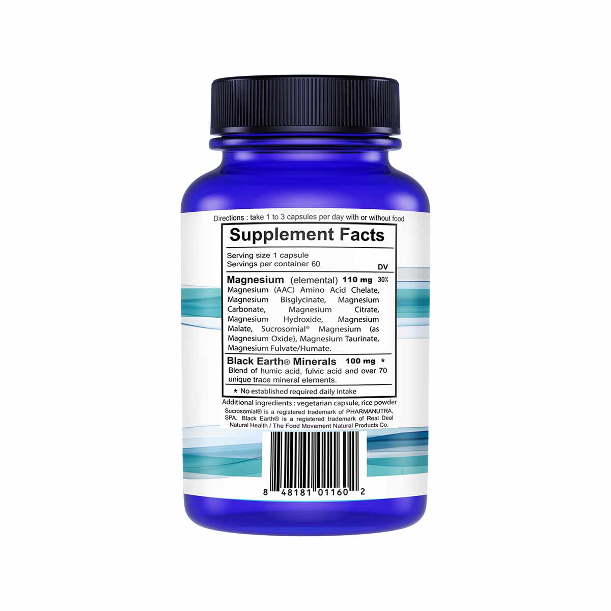 Blue bottle with black cap containing magnesium supplement capsules, labeled with supplement facts and barcode.