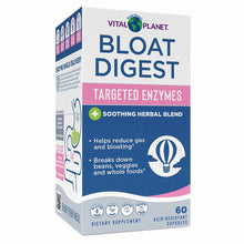 Vital Planet Bloat Digest Targeted Enzymes supplement bottle with blue and pink packaging containing 60 acid-resistant capsul