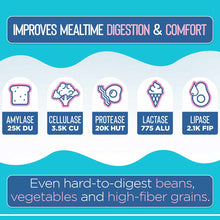 Infographic showing five digestive enzymes with icons: amylase, cellulase, protease, lactase, and lipase, on turquoise and wh