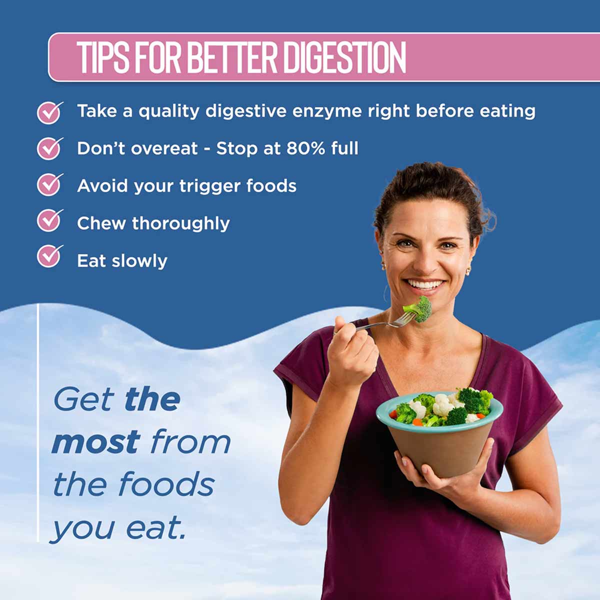 Woman in burgundy shirt holding bowl of vegetables with digestion tips displayed on blue background.