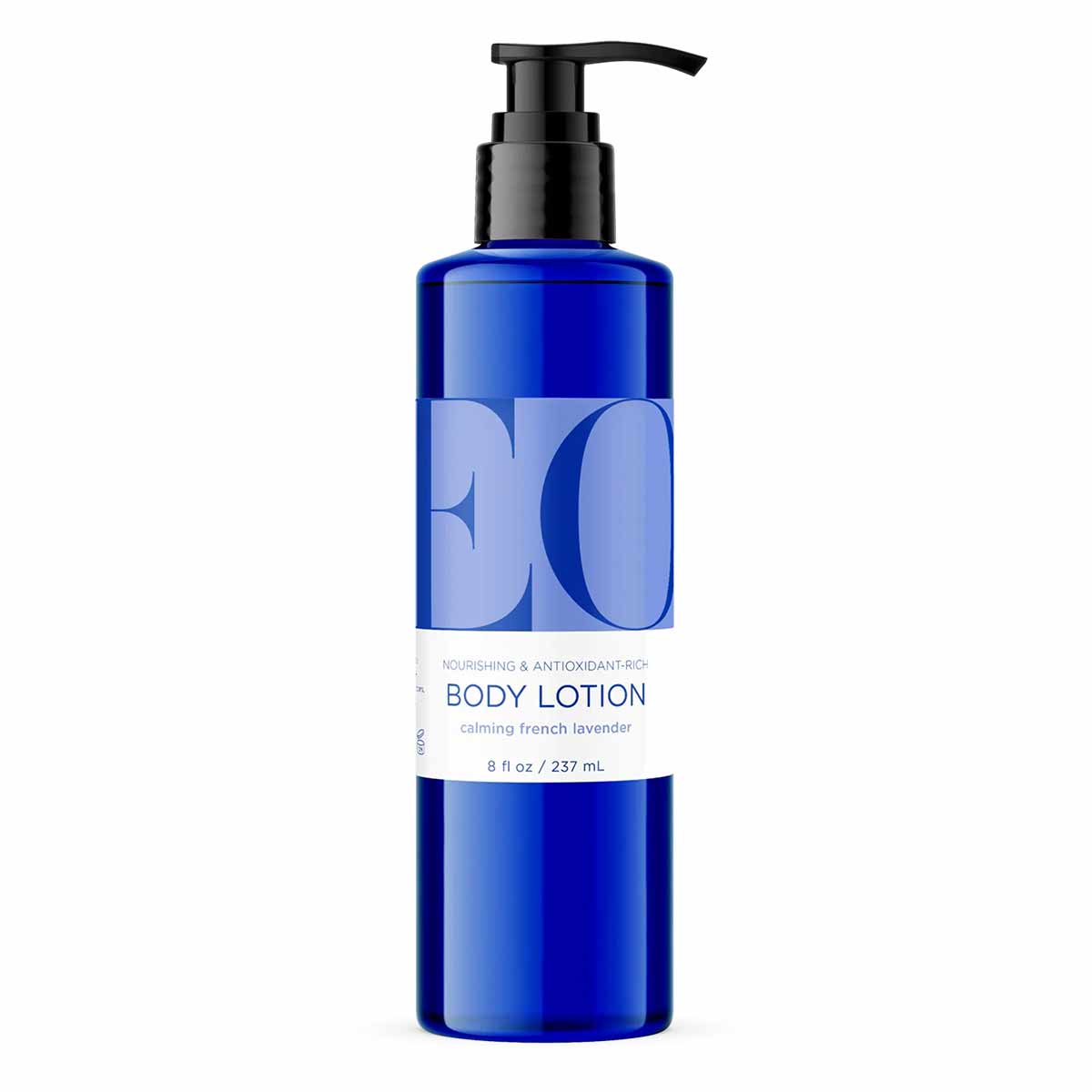 Blue bottle of body lotion with black pump dispenser, labeled "calming french lavender," 8 fl oz size.