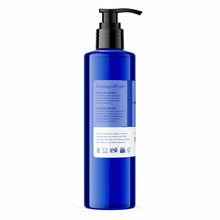 Blue pump bottle of EO Products body lotion with white label and black dispenser top.