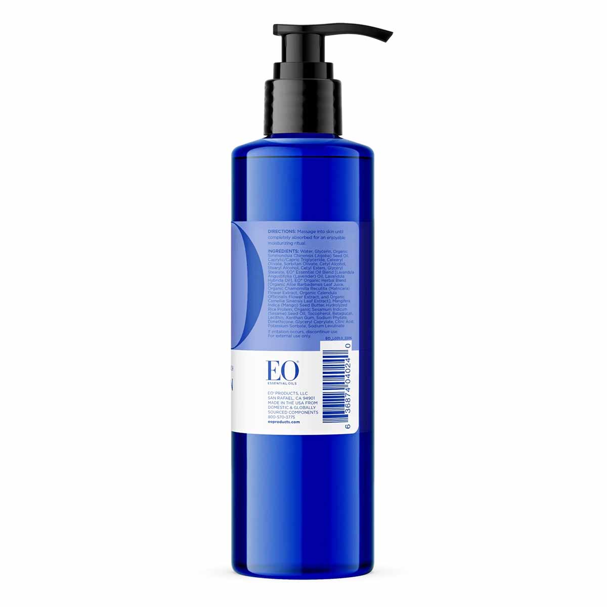 Blue cylindrical bottle of EO Products body lotion with black pump dispenser and white label.